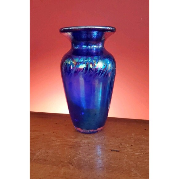 Vintage Blue Iridescent Hand Blown Art Glass Vase Studio Glass Signed 94 - Picture 1 of 7